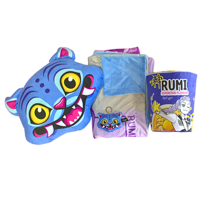Cobija Guerreras Kpop + Empaque tipo Ramen + Cojín Gato Azul Derpy Tiger Guerreras Kpop