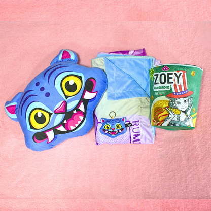 Cobija Guerreras Kpop + Empaque tipo Ramen + Cojín Gato Azul Derpy Tiger Guerreras Kpop