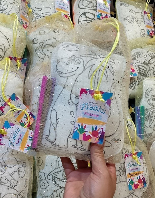 Kit cojin para pintar + 4 plumones + bolsita tull dorada + tarjetica para marcar