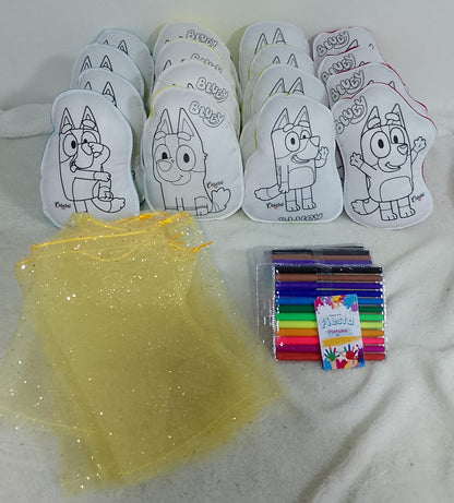 Kit cojin para pintar + 4 plumones + bolsita tull dorada + tarjetica para marcar
