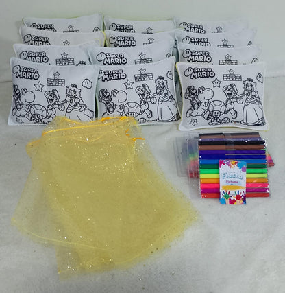 Kit cojin para pintar + 4 plumones + bolsita tull dorada + tarjetica para marcar