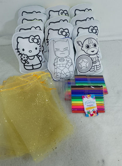 Kit cojin para pintar + 4 plumones + bolsita tull dorada + tarjetica para marcar