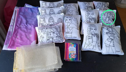 Kit cojin para pintar + 4 plumones + bolsita tull dorada + tarjetica para marcar