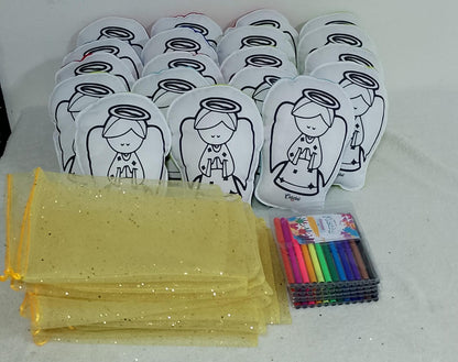 Kit cojin para pintar + 4 plumones + bolsita tull dorada + tarjetica para marcar