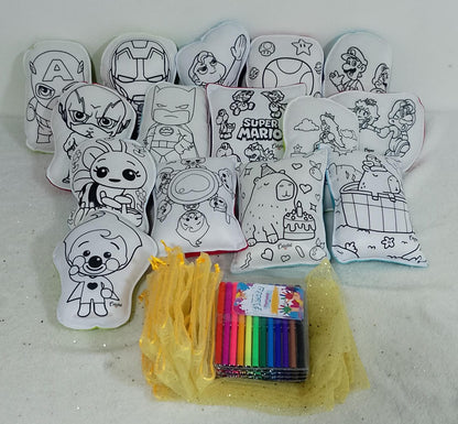 Kit cojin para pintar + 4 plumones + bolsita tull dorada + tarjetica para marcar