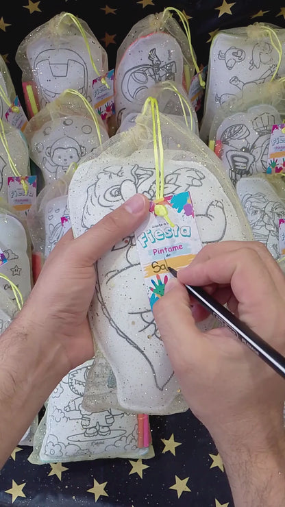 Kit cojin para pintar + 4 plumones + bolsita tull dorada + tarjetica para marcar